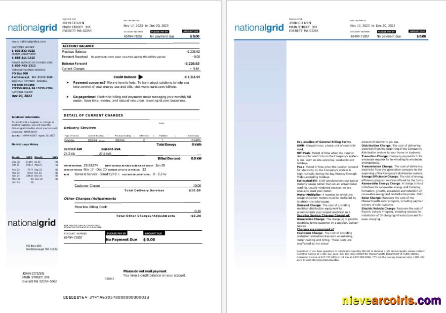 USA Nationalgrid electric utility  bill, 2 pages